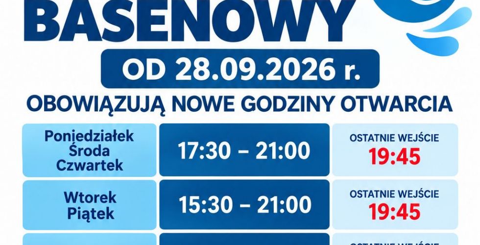 Nowe Godziny Otwarcia Kompleksu Basenowego od 28.09.2026 r