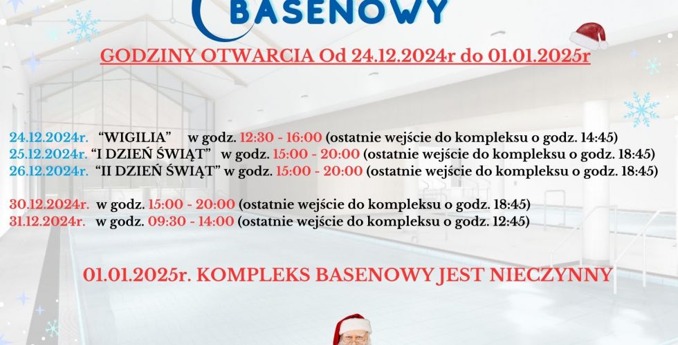 Godziny otwarcia Kompleksu Basenowego w czasie Świąt 