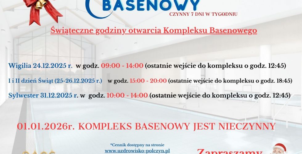 Świąteczne godziny otwarcia Kompleksu Basenowego
